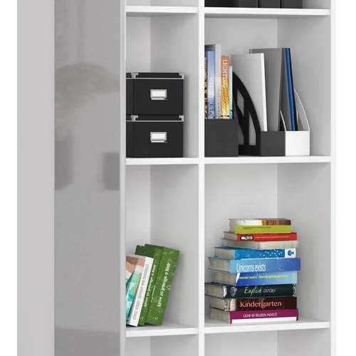 Dviejų spalvų knygų spinta su atvira ir uždara dalimis