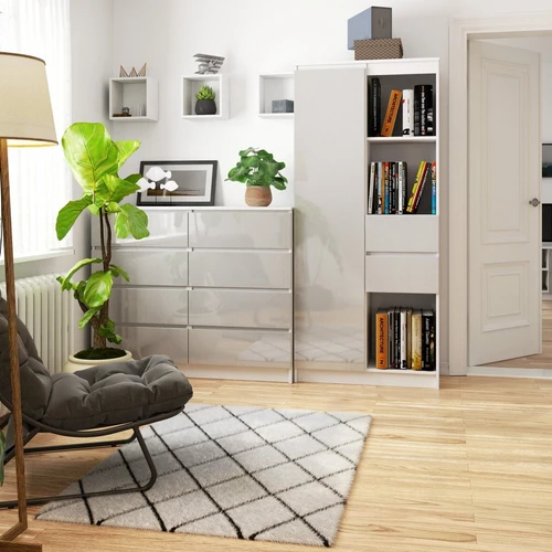 Moderni knygų spinta su 6 lentynomis ir ištraukiamais stalčiais