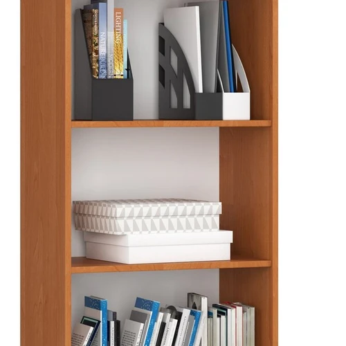 Tvarkinga alksnio spalvos knygų lentyna