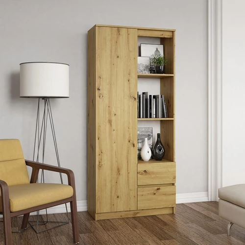 Stilinga vitrina su atviromis lentynomis ir trimis stalčiais