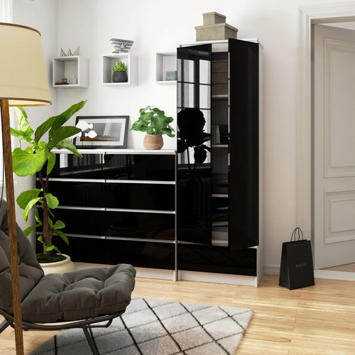 60 cm baltos knygų spintos su juodais blizgiais priekiais