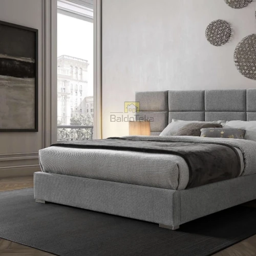 Patogi lova su grotelėmis, be patalynės dėžės, pilka gobeleno danga