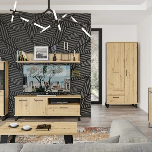 Ąžuolo artisan spintelė su juoda matine apdaila ir apšvietimu