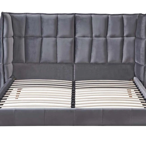 Aksominė lova su medžio masyvu ir pilka spalva