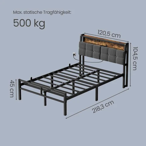 Lovos rėmas VASAGLE, 120 × 200 cm miegamoji dalis, Juoda/Ruda, 120,5 × 104,5 × 218,3 cm - Lovos