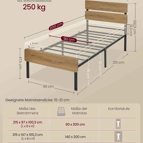 Lovos rėmas VASAGLE, dvigulė, Ruda, 140 × 200 cm - Lovos