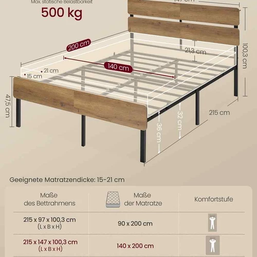 Lovos rėmas VASAGLE, dvigulė, Ruda, 140 × 200 cm - Lovos