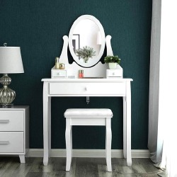 Makiažo staliukas su apvaliu veidrodžiu, baltos spalvos - Kosmetiniai staliukai