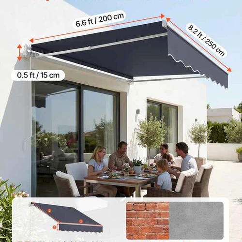 Markizė VEVOR RA250200-N, rankinė, Pilka, 250 × 200 × 25 cm - Lauko skėčiai