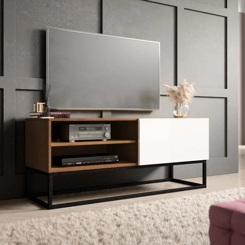 Moderni RTV spinta su stalčiais ir atviromis lentynomis