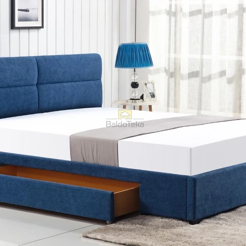 Mėlyna medinė lova su grotelėmis ir stalčiumi