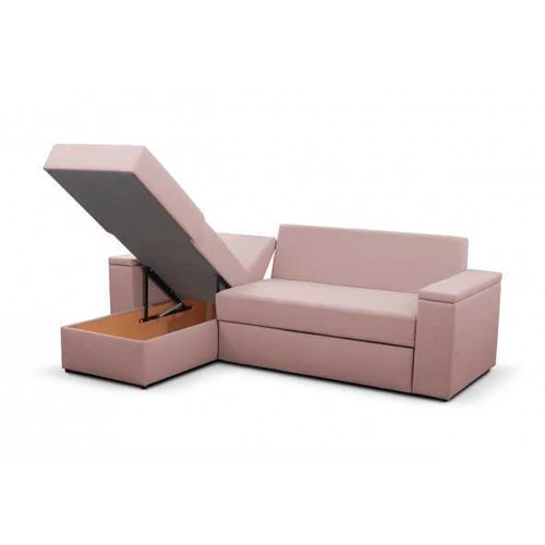 Kampinė sofos lova su gofruotomis spyruoklėmis ir patalynės konteineriu