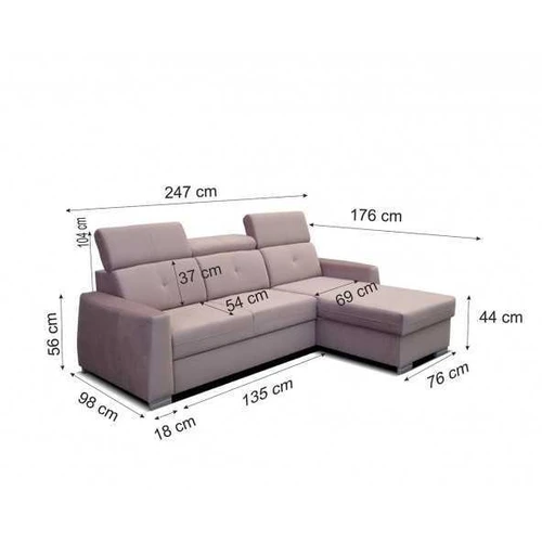 Plati kampinė sofa su miego funkcija, 247 cm pločio