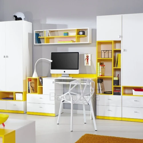 Šiuolaikiška balta ir geltona spintelė su moderniu dizainu