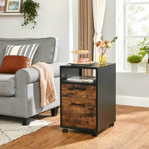 Stilinga SONGMICS spintelė – medienos spalvos stalčiai ir juodas plieninis rėmas