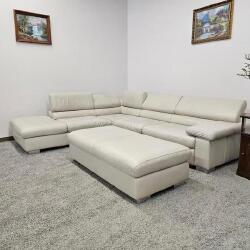 Modernus natūralios odos L formos sofa su didžiuliu pufu - Minkšti kampai