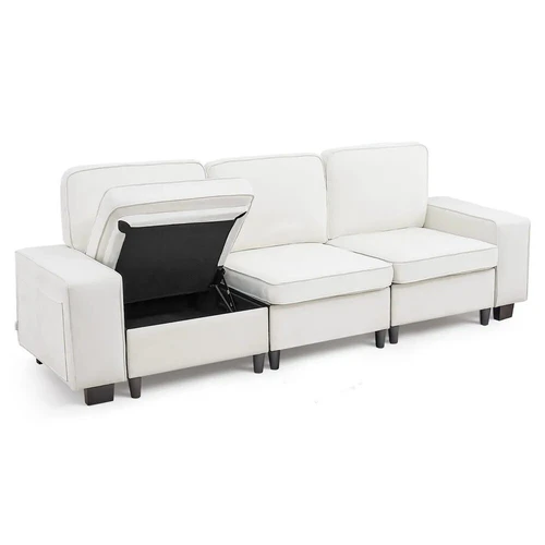 Modulinė 3 dalių sofa su daiktadėžėmis, balta, metalinis rėmas