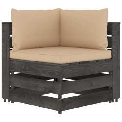Modulinė -kampinė sofa su pagalvėmis, pilkai impregnuota mediena.
