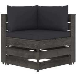 Modulinė- kampinė sofa su pagalvėmis, pilkai impregnuota mediena.