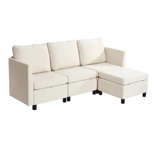 Modulinė sekcijinė sofa su paslėpta saugykla, smėlio spalvos, medžio masyvo rėmas