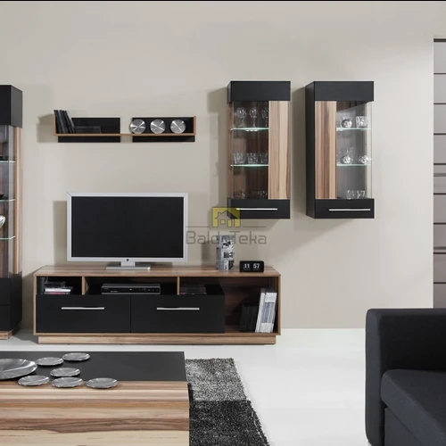 Plati vitrina, TV staliukas ir pakabinamos lentynos