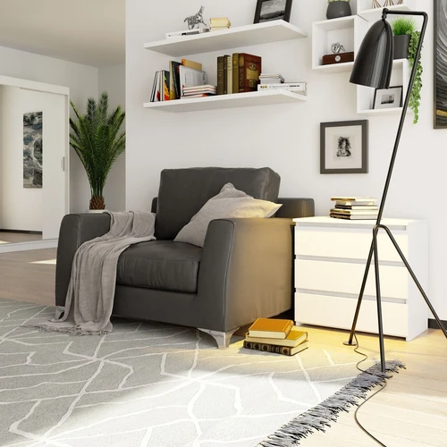 Balta komoda su sklandžiai veikiančiais stalčiais