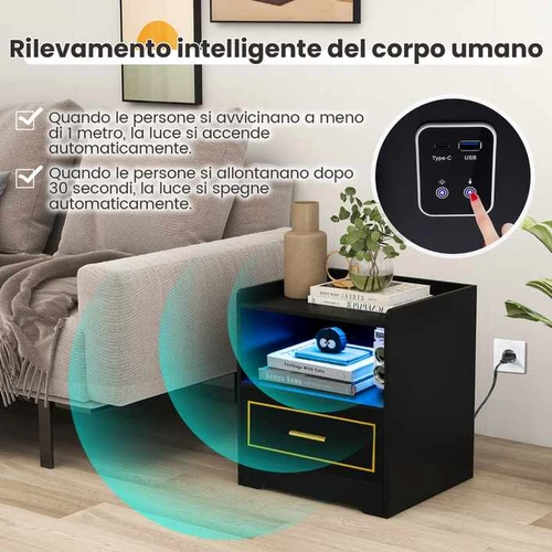 Juodas naktinis staliukas su USB ir C tipo prievadais