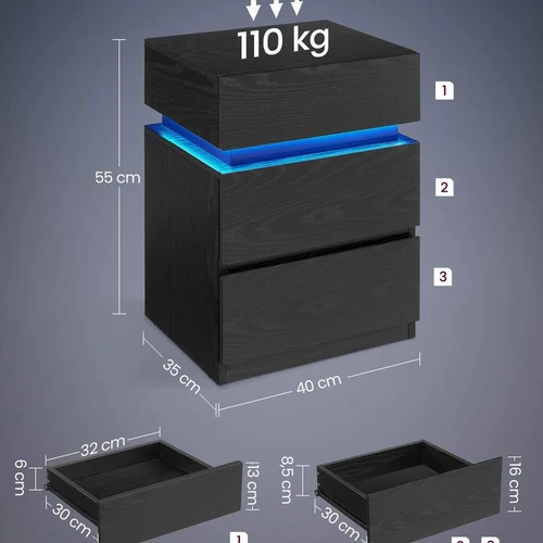 Naktinis staliukas su LED apšvietimu 35x40x55cm., juodos spalvos - Naktinės spintelės