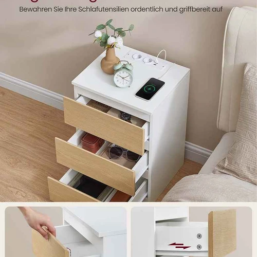 Naktinis staliukas VASAGLE, 3 stalčiai, 2 lizdai ir 2 USB prievadai, 40 × 59 × 35 cm - Naktinės spintelės