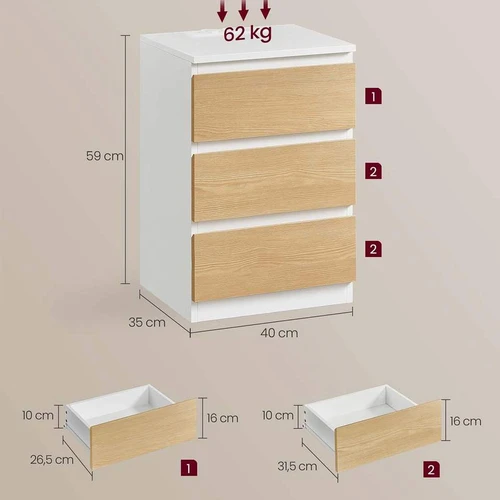 Naktinis staliukas VASAGLE, 3 stalčiai, 2 lizdai ir 2 USB prievadai, 40 × 59 × 35 cm - Naktinės spintelės