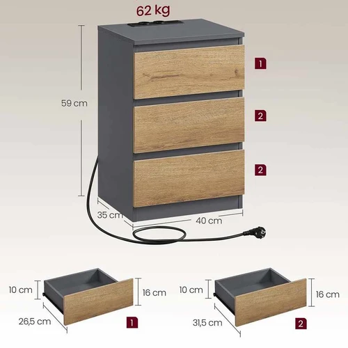 Naktinis staliukas VASAGLE, 3 stalčiai, 2 lizdai ir 2 USB prievadai, 40 × 59 × 35 cm - Naktinės spintelės
