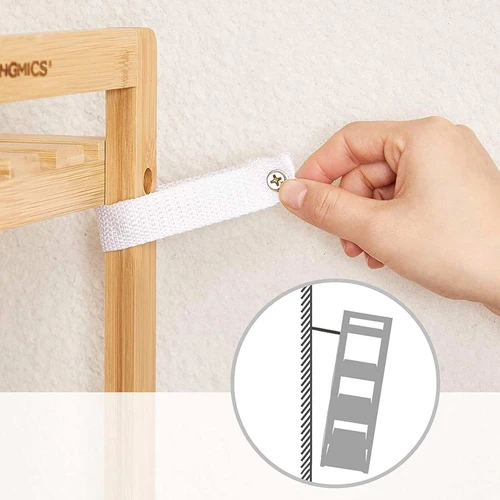 Lengvai prižiūrima bambukinė lentyna su apsauga nuo apvirtimo