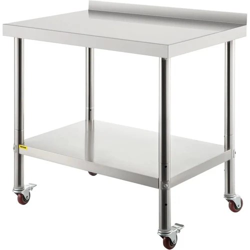 Nerūdijančio plieno darbastalis, 36x24x35 colių, 440 kg, su ratukais ir lentyna