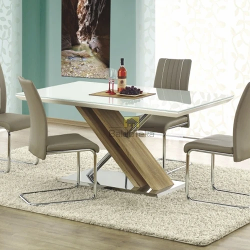 Ergonominis baltas stalas su grūdintu stiklu ir ąžuolo sonoma