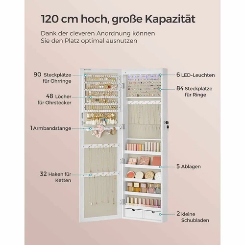 Pakabinama veidrodinė papuošalų spintelė su LED apšvietimu, baltos spalvos - Veidrodžiai
