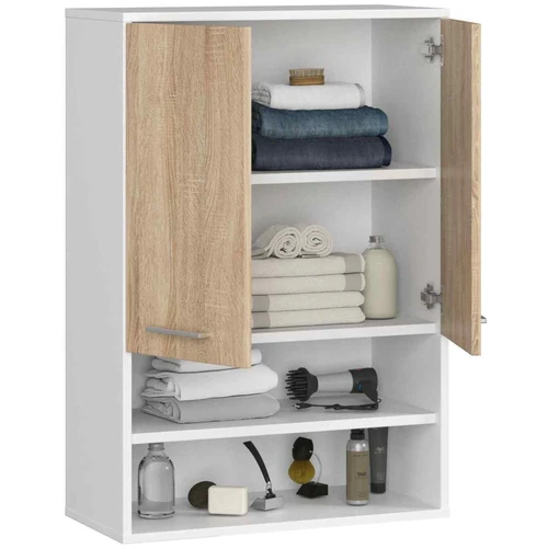 Pakabinama vonios spintelė FIN H934 W64, 2 durys, baltos/rudos spalvos, 64 × 94 × 30 cm - Vonios spintelės