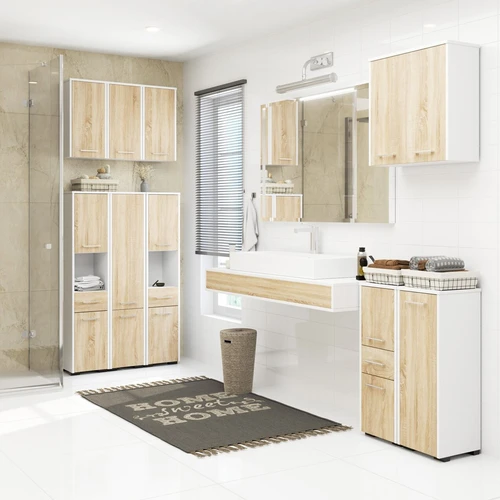 Universalus vonios kambario baldas baltos/ąžuolo spalvos