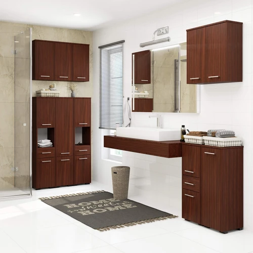 Funkcionalus baldų spinta su vidine lentyne ir keičiamomis rankenomis