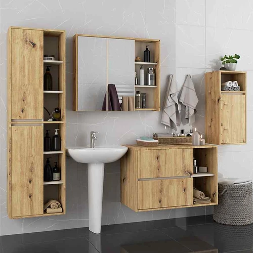 Pakabinama vonios spintelė VAMI W35, 1 durelė, rudos/smėlio spalvos, 35 × 80 × 30 cm - Vonios spintelės
