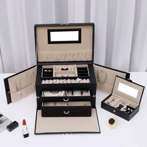 Papuošalų dėžutė su auskarų laikikliais ir laikrodžių skyriais