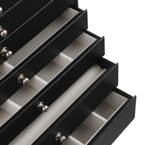 Papuošalų dėžutė su lenktu stalčiumi ir grandinėlių laikikliais