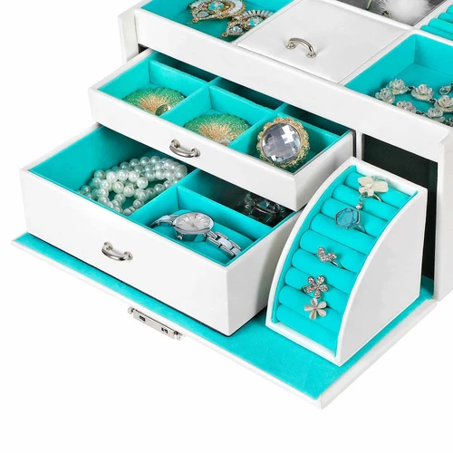 Balta ir turkio spalvos papuošalų dėžutė su veidrodžiu