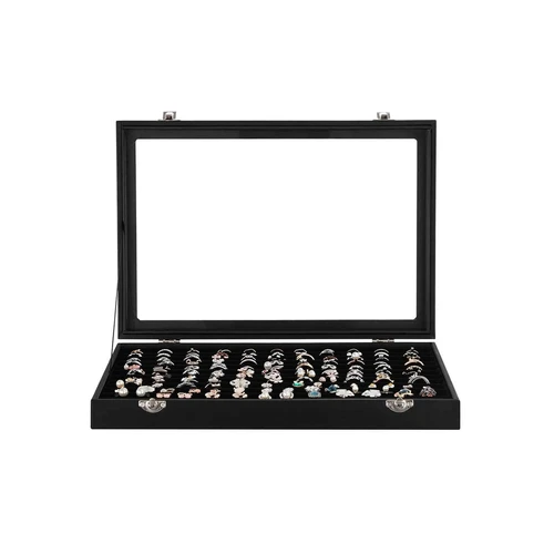 Sidabrinis žiedų ekranas su stikliniu dangteliu ir užsegamomis spynomis