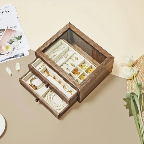 Tvarkinga papuošalų laikymui – Paulownia mediena ir stiklas