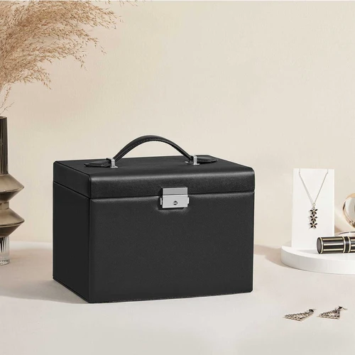 Praktiška juoda papuošalų dėžutė su rakteliais