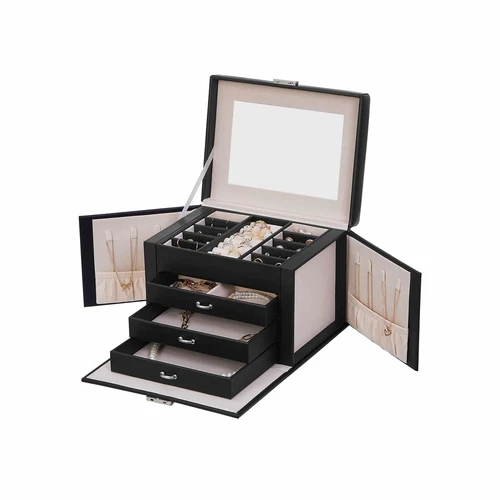 Stilinga juoda papuošalų dėžutė su 3 stalčiais ir 10 skyreliais