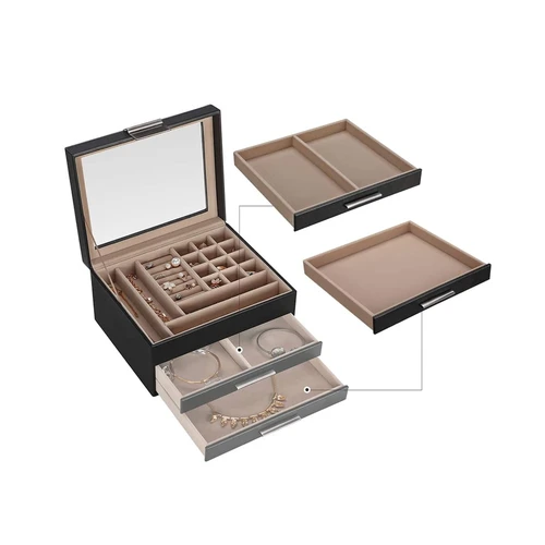 Papuošalų dėžutė su stiklo dangteliu ir skirtingų dydžių stalčiais