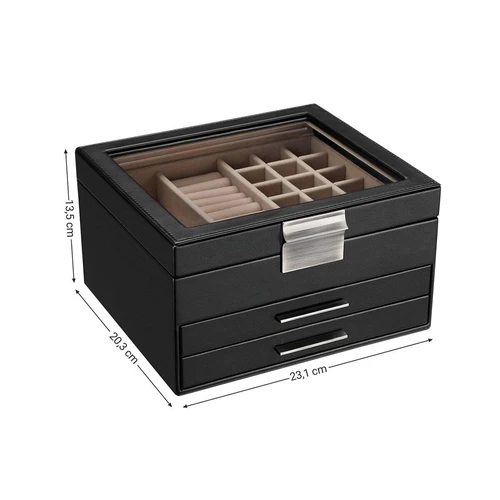 Elegantiška juoda papuošalų dėžutė su stikliniu dangteliu