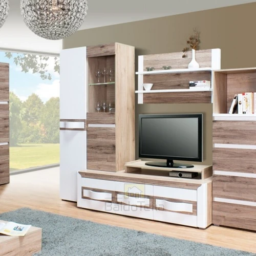 Moderni aukšta spinta su šviesiu korpusu ir tamsiais fasadais