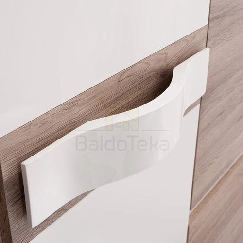 Šviesus ąžuolo spinta su tamsiais fasadais ir moderniu dizainu